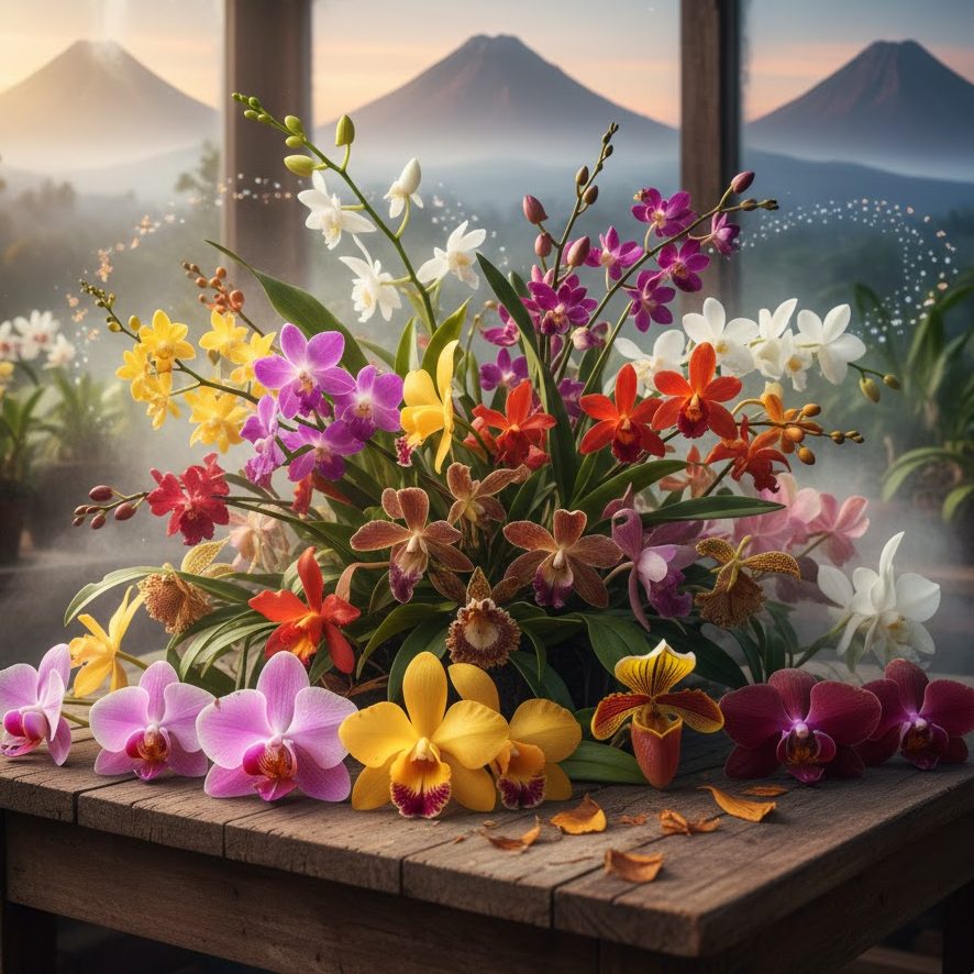 Tipos o clases de orquídeas con volcanes al fondo